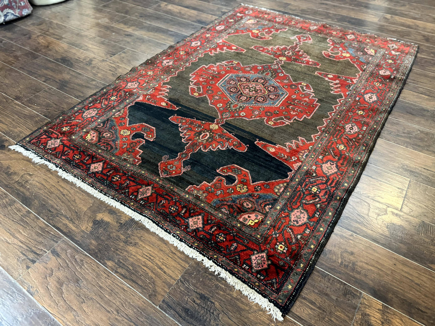 Antique Persian Tribal Rug 5x7 Geometric Wool Carpet Kurdish Senneh Rug