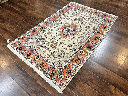 Persian Tabriz Rug 4.5  x 6.8, Finely Hand Knotted Wool with Silk Highlights Vintage Oriental Carpet, Cream and Salmon, High KPSI, Floral Medallion