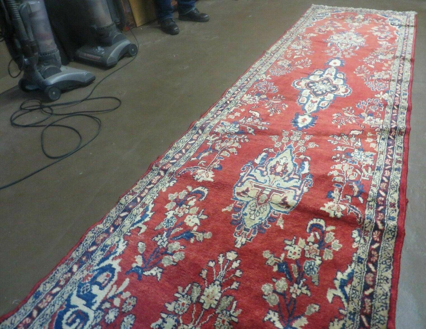 Persian Runner Rug 3 x 12, Antique Wool Oriental Runner, Floral Vases, Red & Navy Blue