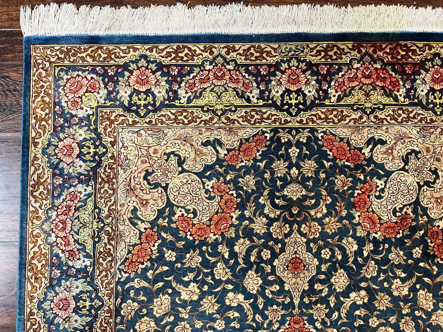 Magnificent Persian Qum Silk Rug 3x5, Blue, Super Fine 675 KPSI - 70 Raj, Floral Roses, Handmade Vintage Silk Carpet, Masterpiece