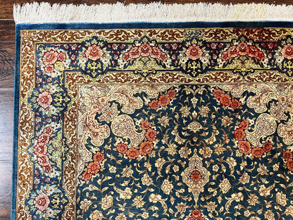 Magnificent Persian Qum Silk Rug 3x5, Blue, Super Fine 675 KPSI - 70 Raj, Floral Roses, Handmade Vintage Silk Carpet, Masterpiece