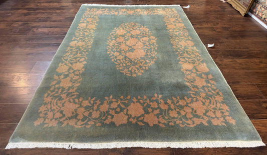 Teal Chinese Wool Rug 6x8, Vintage Handmade Carpet, Floral, Semi Open Field