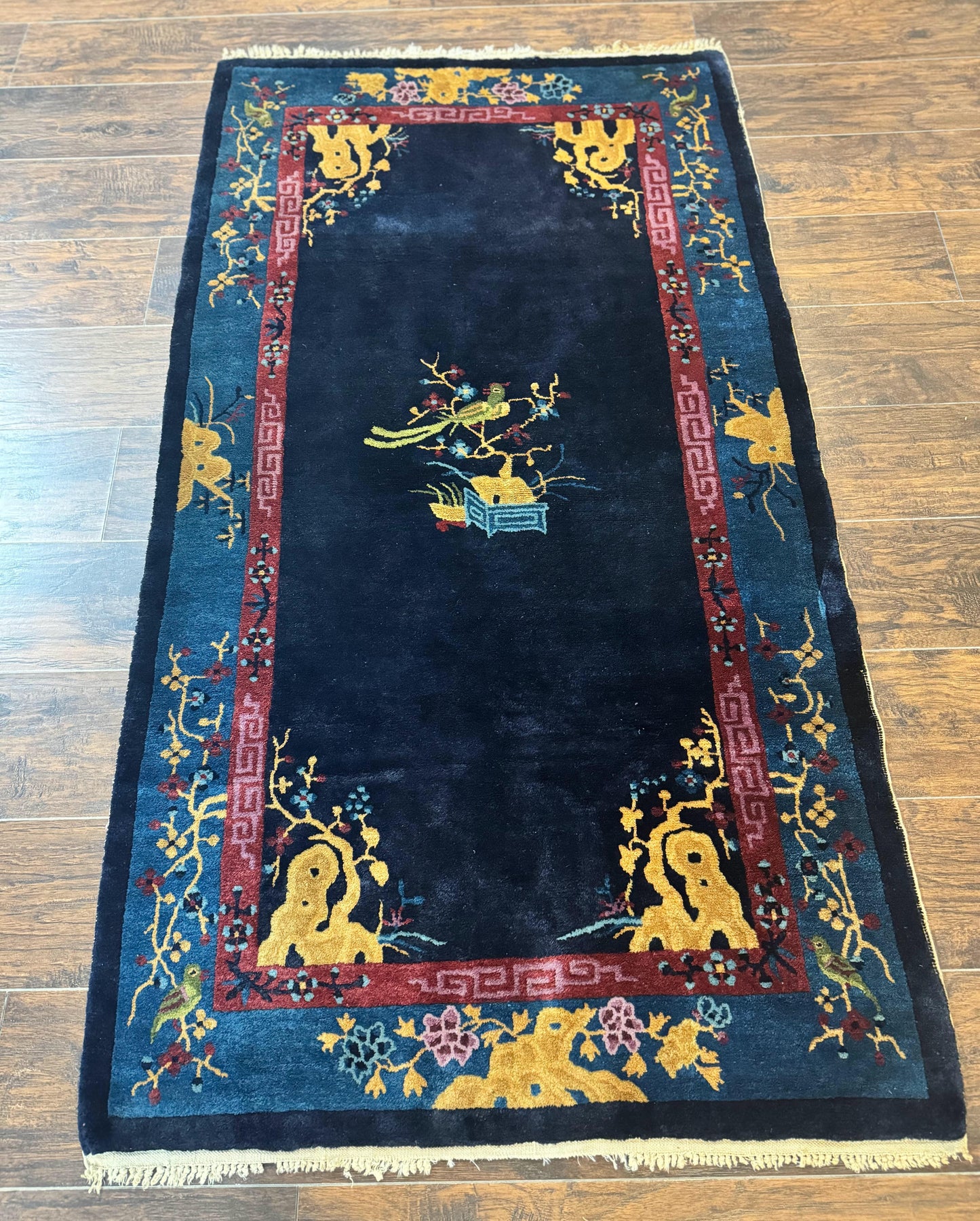Antique Peking Rug 3x6 Handmade Wool Bird Motif Blue Chinese Legacy Carpet