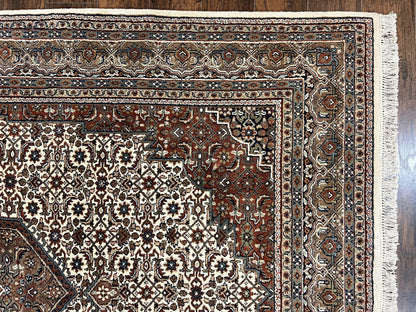 Indo Persian Rug 7x10 ft, Hand Knotted Wool Vintage Oriental Carpet 7 x 10, Traditional Handmade Herati Bidjar Cream Rug, Medallion Rug