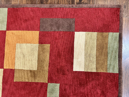 Indo Tibetan Modern Rug 5x8, Abstract Rug 5 x 8 ft, Red Multicolor Wool Handmade Contemporary Area Rug