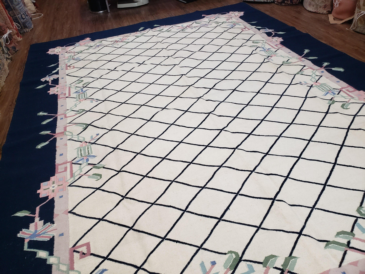 Vintage Dhurrie Rug, Indian Dhurrie 8x11 - 9x11, Wool Hand-Woven Ivory & Black Indo Carpet, Large Flat Weave Rug Living Room Rug Black White