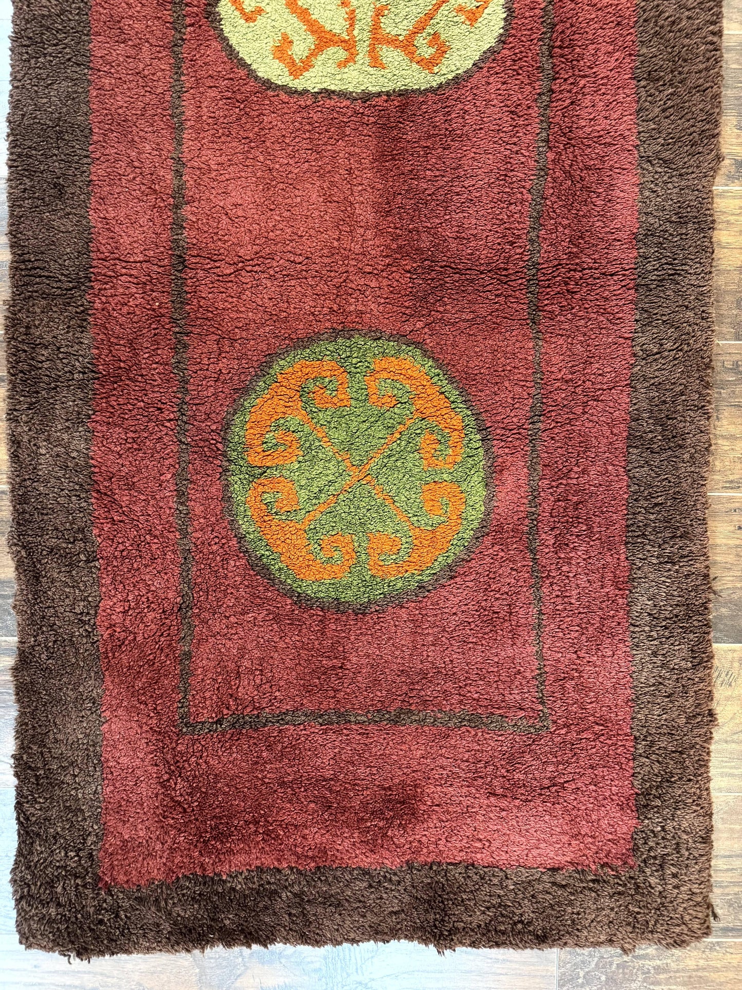 German Hooked Runner Rug 3x8, Vintage, Red, Wool