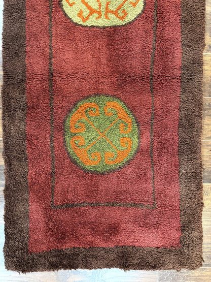 German Hooked Runner Rug 3x8, Vintage, Red, Wool