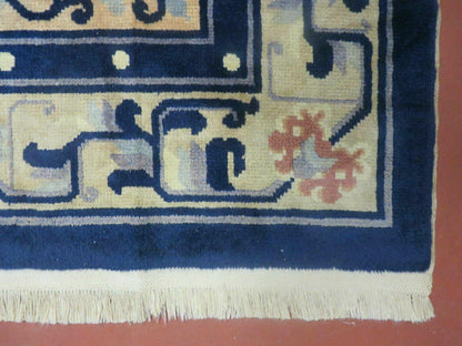 Antique Handmade Peking Chinese Wool Rug 1950s Vintage 47 By 71 Inches Blue And Salmon