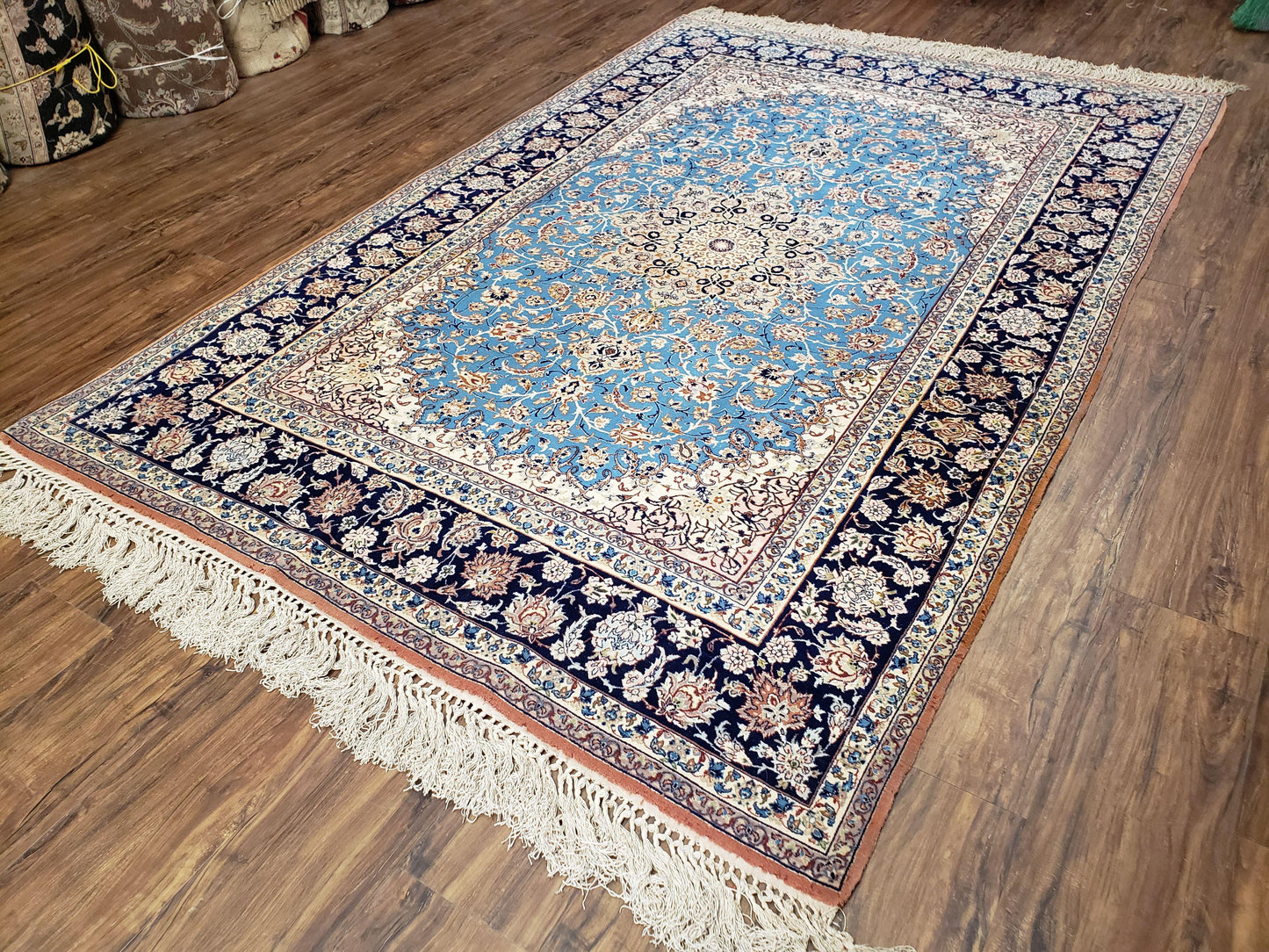 Persian Isfahan Rug Hand Knotted Kork Wool On Silk Foundation Sky Blue Vintage 5 Feet 1 Inch By 7 Feet 8 Inches