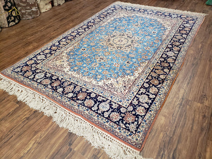 Persian Isfahan Rug Hand Knotted Kork Wool On Silk Foundation Sky Blue Vintage 5 Feet 1 Inch By 7 Feet 8 Inches