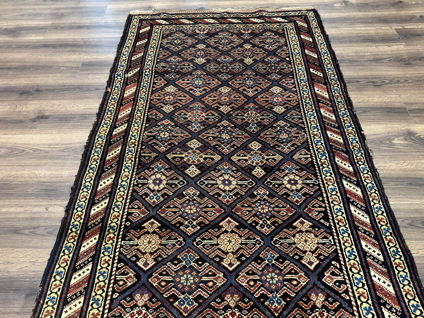 Antique Persian Wide Runner Rug 4x9, Kurdish Rug, Panel Design, Rainbow Border, Rare Tribal Rug