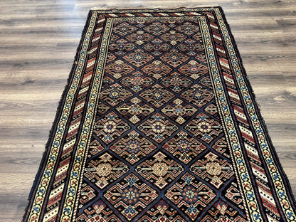 Antique Persian Wide Runner Rug 4x9, Kurdish Rug, Panel Design, Rainbow Border, Rare Tribal Rug