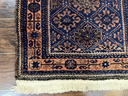 Small Antique Persian Rug 2.7 x 4.7, Handmade Wool Rug, Navy Blue, Balouch Rug, Tribal Rug