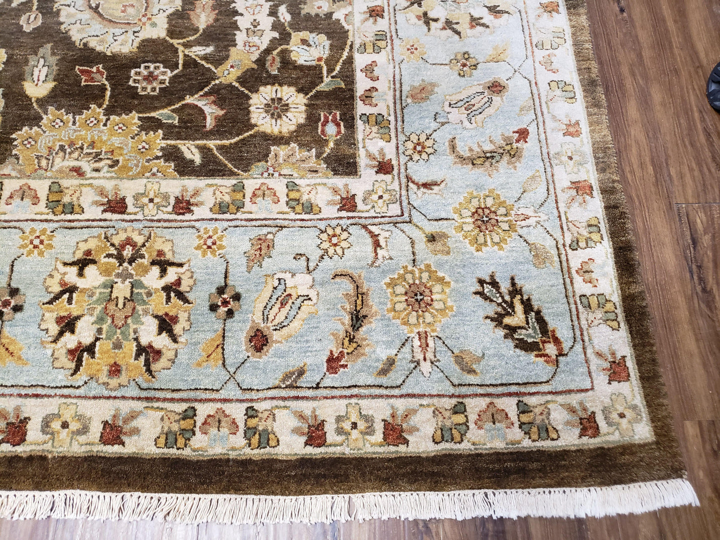 Oushak Wool Rug Indo Mahal Vintage Hand Knotted 8 Ft 8 In By 12 Ft Floral Brown And Blue