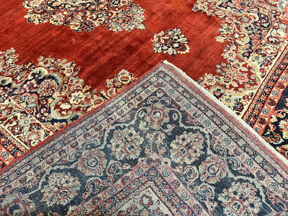 Persian Sarouk Rug 11x14, Semi Open Field, Large Antique Persian Wool Handmade Carpet, Red and Dark Blue, Floral