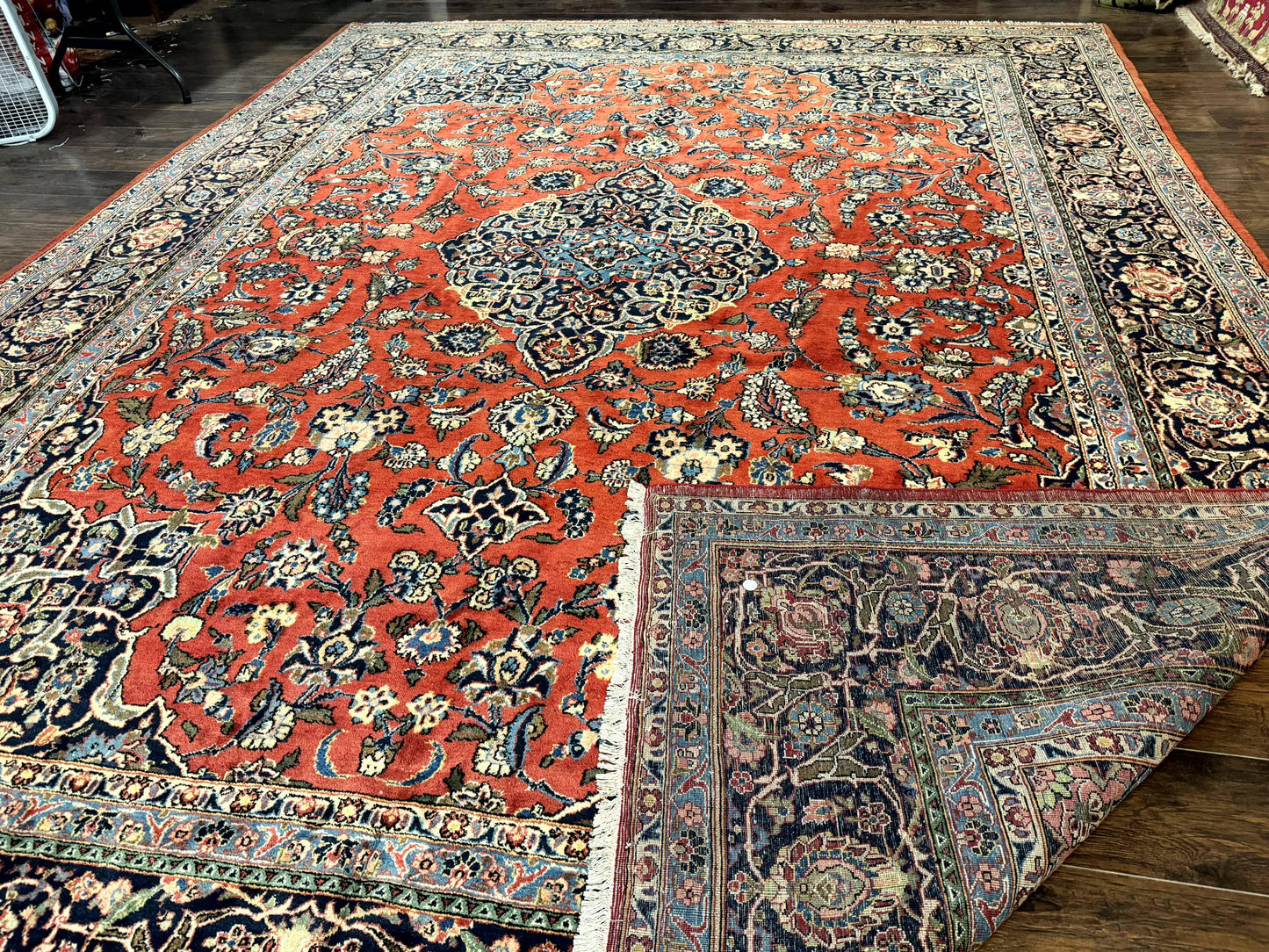 Red Persian Kashan Rug 10x14, Hand-Knotted Semi Antique Floral Medallion Handmade Wool Carpet, Red & Navy Blue