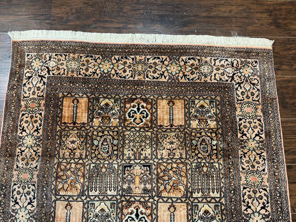 Indian Kashmiri Silk Rug 4x6, Panel Design, Multicolor, Fine