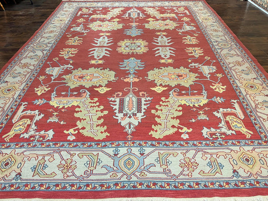 Heriz Rug Indo Flatweave 10x14 Wool Handmade Vintage Oriental Carpet Red Green Floral