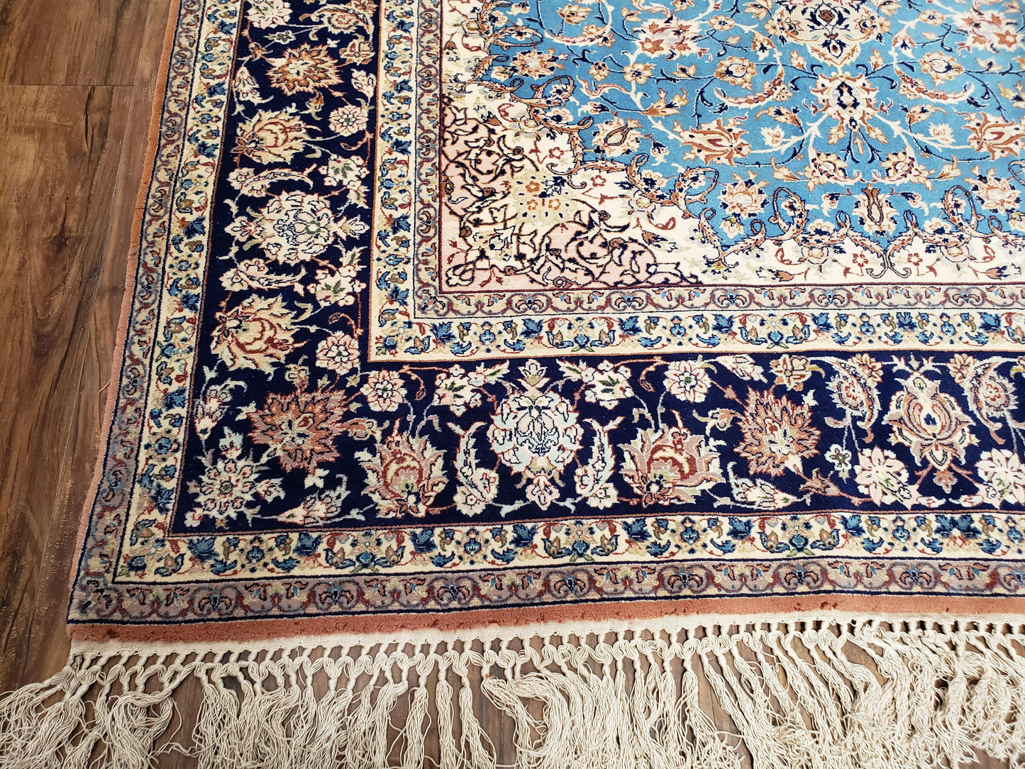 Persian Isfahan Rug Hand Knotted Kork Wool On Silk Foundation Sky Blue Vintage 5 Feet 1 Inch By 7 Feet 8 Inches