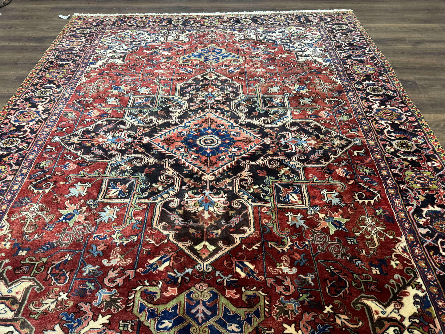 Antique Persian Heriz Rug 8x11, Geometric Tribal Wool Carpet, Brick Red