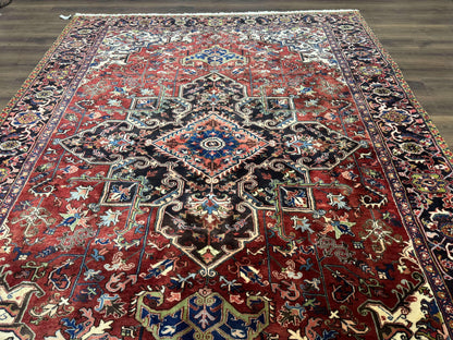 Antique Persian Heriz Rug 8x11, Geometric Tribal Wool Carpet, Brick Red