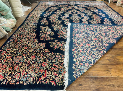 Antique Persian Kerman Rug 10x13 Navy Blue Floral Carpet Fine 270 KPSI