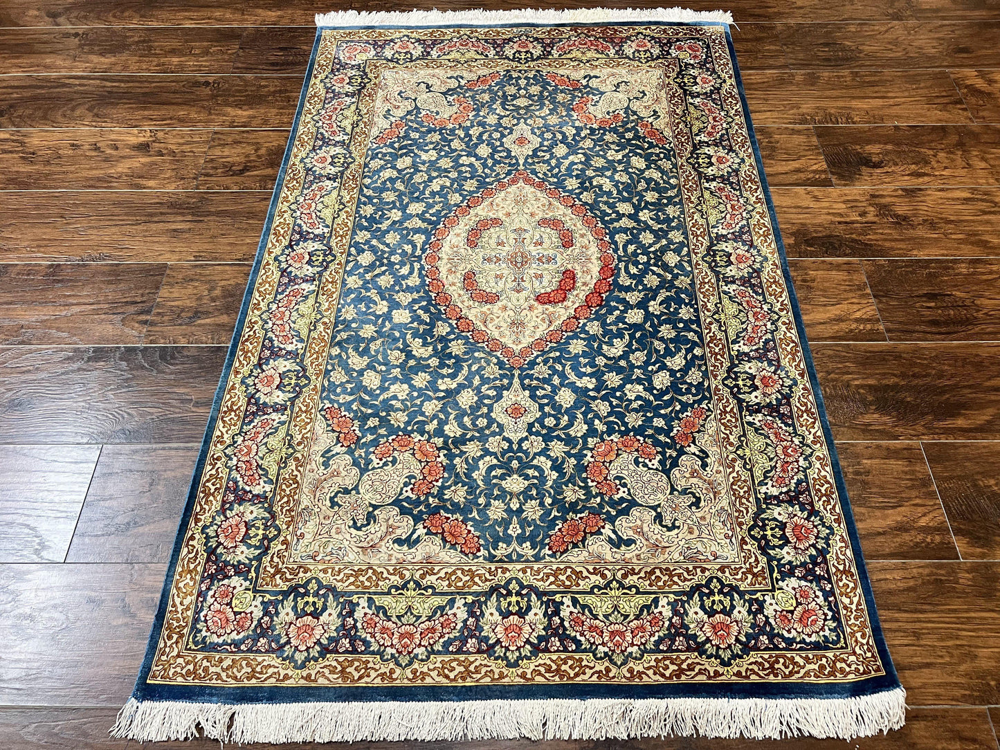 Magnificent Persian Qum Silk Rug 3x5, Blue, Super Fine 675 KPSI - 70 Raj, Floral Roses, Handmade Vintage Silk Carpet, Masterpiece