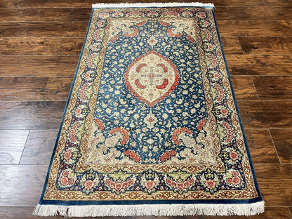 Magnificent Persian Qum Silk Rug 3x5, Blue, Super Fine 675 KPSI - 70 Raj, Floral Roses, Handmade Vintage Silk Carpet, Masterpiece