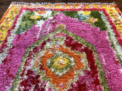 Colorful Shag Rug 8x10 Wool Area Rug In Fuchsia And Multicolor Vintage Power Loomed