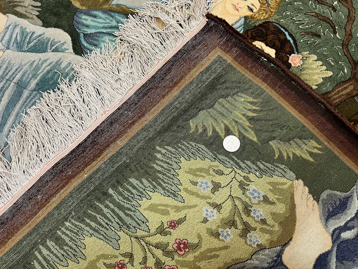 Persian Tabriz Pictorial Rug 5x3, Women Laying By River, Super Fine 60 Raj 480+ KPSI, Hand Knotted Wool Rug, Semi Antique Vintage Oriental Carpet