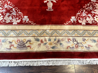 Chinese Wool Rug 8.6 By 11 Vintage Handmade Carved Chinese Oriental Carpet Plush Pile Semi Open Field