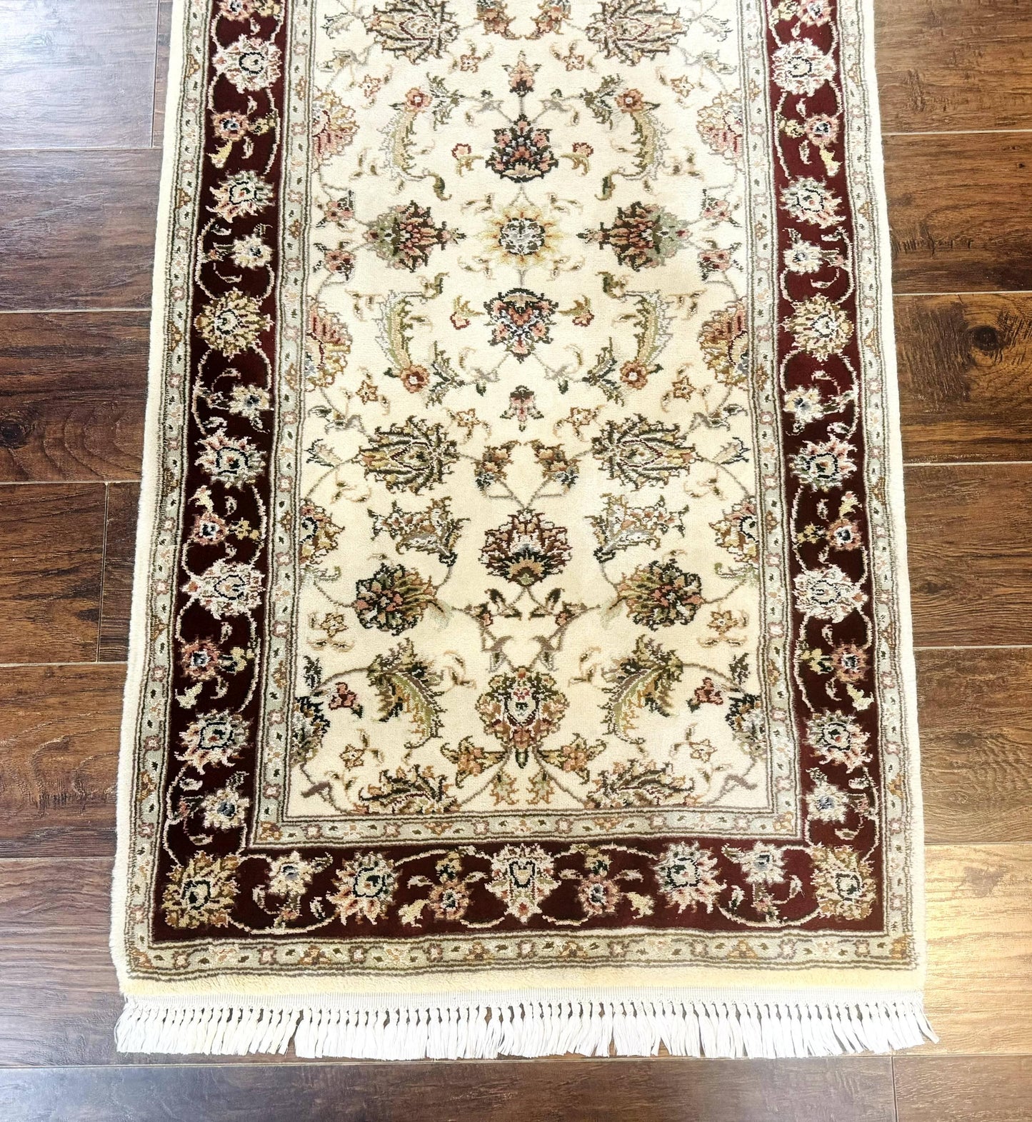 Persian Runner Rug 2.8 x 8 Handmade Vintage Wool and Silk Highlights Beige Maroon