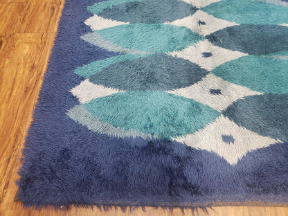 Blue Rya Rug Mid Century Danish Shag Wool Abstract Modern Rug 4 Foot 6 Inch By 6 Foot 7 Inch