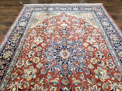 Vintage Indo Persian Oriental Rug 6 x 9.6, Wool Hand-Knotted Red Dark Blue & Gold Indian Carpet, 6 x 9 Office Room Rug, Floral Medallion