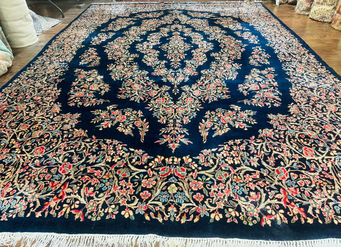 Antique Persian Kerman Rug 10x13 Navy Blue Floral Carpet Fine 270 KPSI
