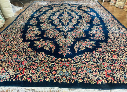 Antique Persian Kerman Rug 10x13 Navy Blue Floral Carpet Fine 270 KPSI