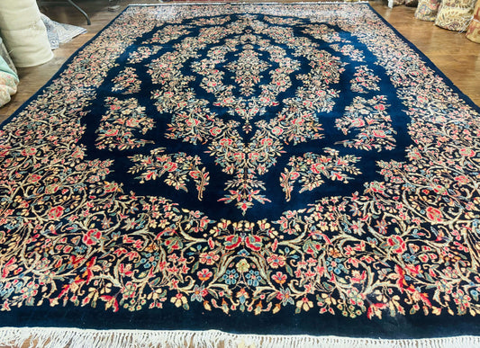 Antique Persian Kerman Rug 10x13 Navy Blue Floral Carpet Fine 270 KPSI