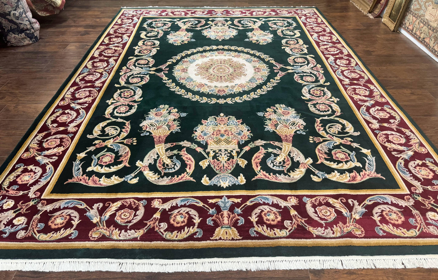 Aubusson Rug 9x12 Hand Knotted Wool Vintage European Design Dark Green Elegant Carpet