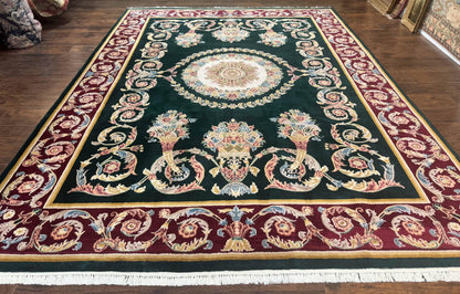 Aubusson Rug 9x12 Hand Knotted Wool Vintage European Design Dark Green Elegant Carpet