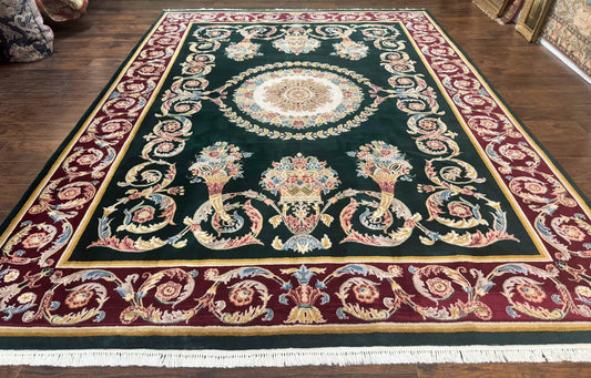 Aubusson Rug 9x12 Hand Knotted Wool Vintage European Design Dark Green Elegant Carpet
