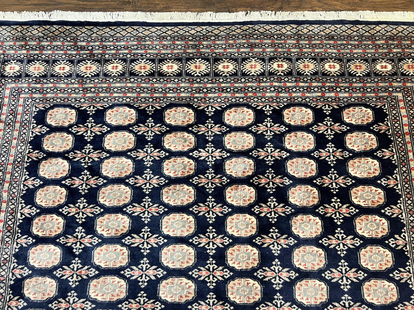 Pakistani Bokhara Rug 8x10 Hand Knotted Wool Vintage Carpet in Dark Blue Beige