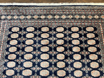 Pakistani Bokhara Rug 8x10 Hand Knotted Wool Vintage Carpet in Dark Blue Beige