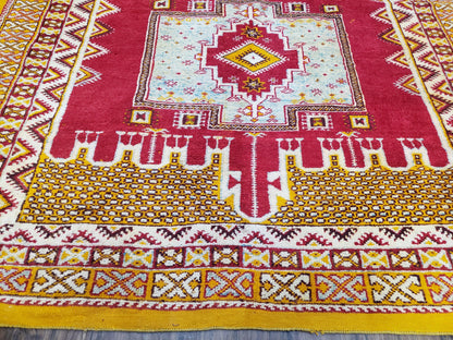 Vintage Moroccan Rug 6x10, Red and Yellow Moroccan Carpet, Handmade Bohemian Tribal Area Rug, Hand-Knotted 1970s Wool Rug, Medalions