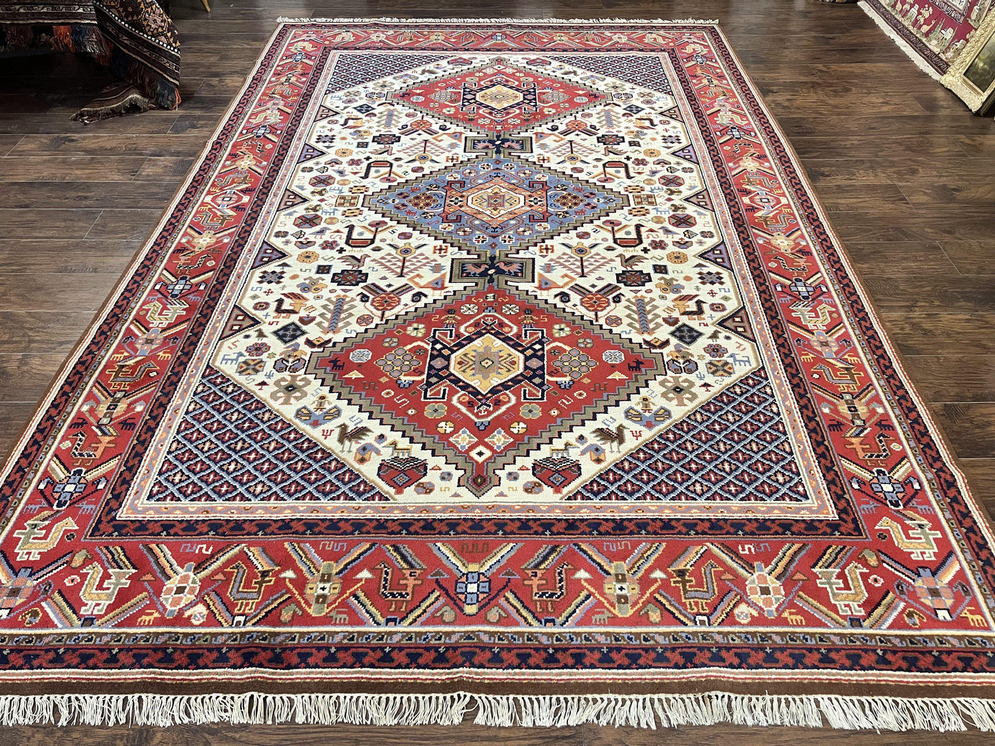 Belgium Power Loomed Wool Rug 8x12 Geometric Medallions Persian Tribal Pattern Ivory Red Blue