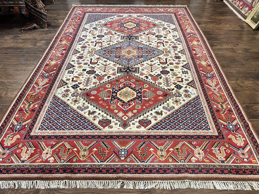 Belgium Power Loomed Wool Rug 8x12 Geometric Medallions Persian Tribal Pattern Ivory Red Blue