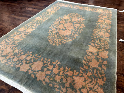 Teal Chinese Wool Rug 6x8, Vintage Handmade Carpet, Floral, Semi Open Field