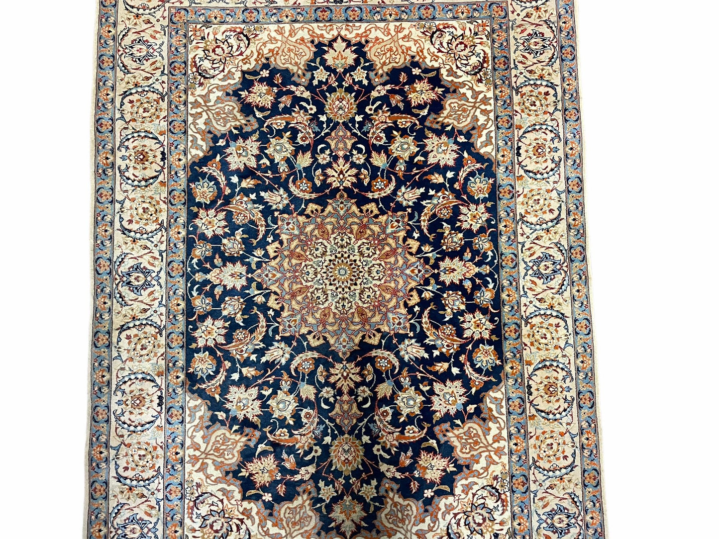 Persian Isfahan Rug 4x5 Navy Blue Ivory Wool Silk Highlights Hand Knotted