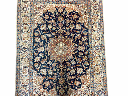 Persian Isfahan Rug 4x5 Navy Blue Ivory Wool Silk Highlights Hand Knotted