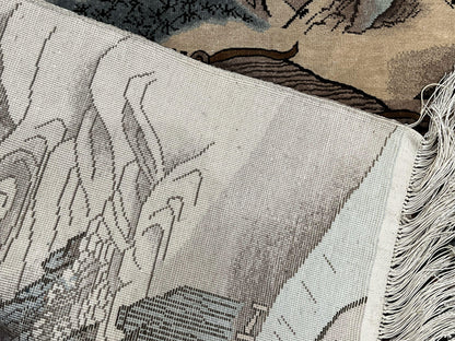 Silk Chinese Wall Hanging Rug 3x6 ft Tapestry, Pagoda Scene, Pictorial, High Quality Fine Hand Knotted Vintage, Asian Oriental Handmade Nice